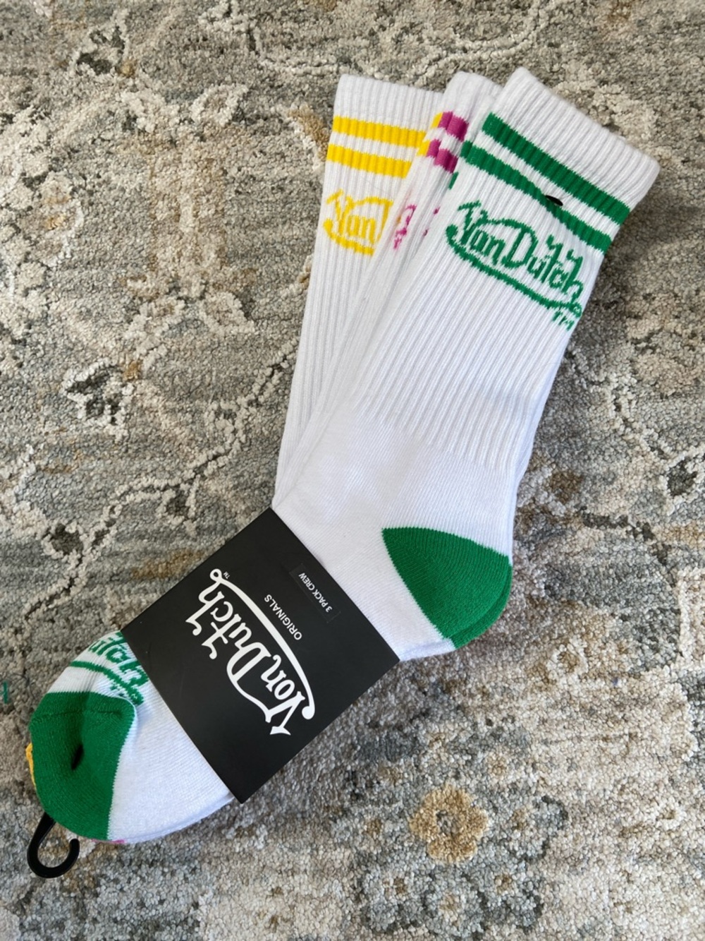 Von Dutch White Crew Socks with Green, Yellow & Pink Stripes